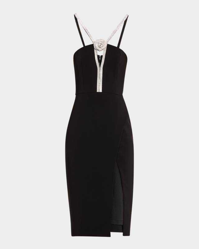 Rhinestone-Trim Stretch Crepe Dress